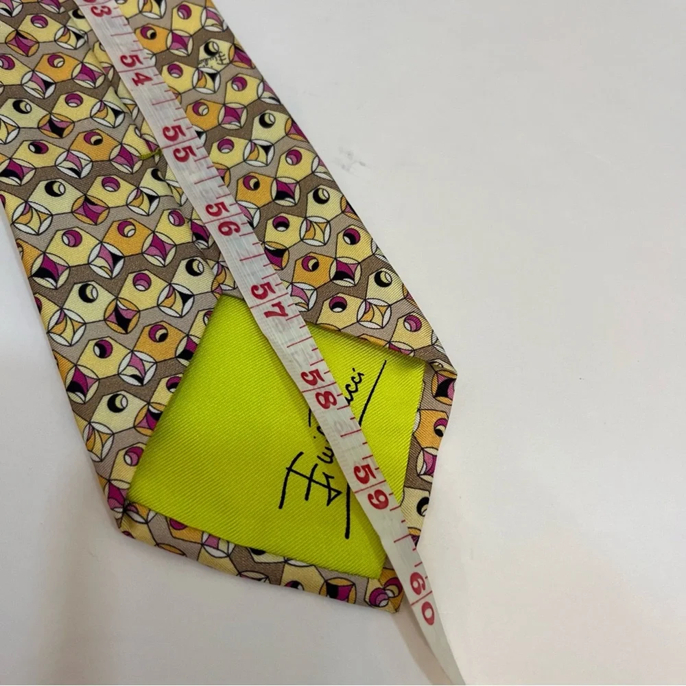 Emilio Pucci Geometric Yellow and‎ Pink Silk Tie